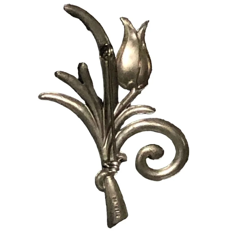 Sterling Silver Tulip Flower Ribbon Brooch Pin Signed Jewelry Art Deco